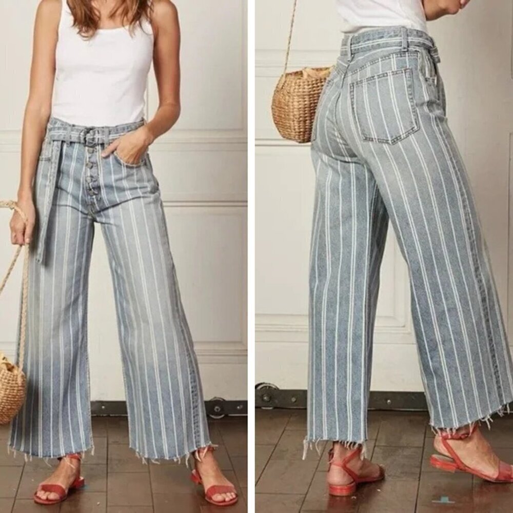 Boyish By Her Charley Blue White Striped Button Fly Wide Leg Jeans 29958